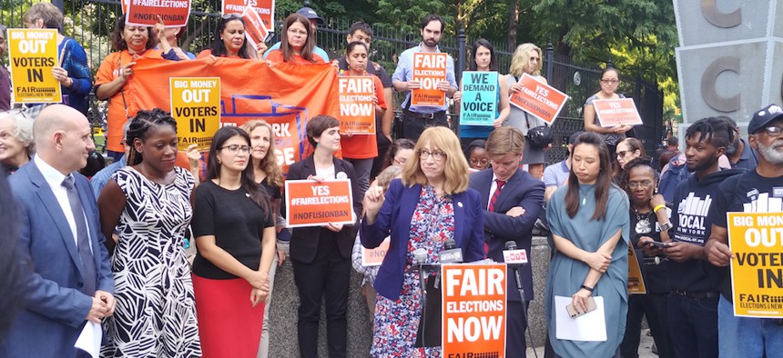 Assemblywoman Linda Rosenthal was just one of the elected officials who rallied before the Public Campaign Financing Commission hearing, arguing the task should be handled by lawmakers.