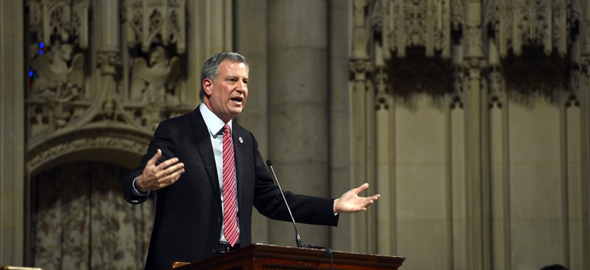 New York City Mayor Bill de Blasio speaking at Riverside Church in Manhattan in March 2014.