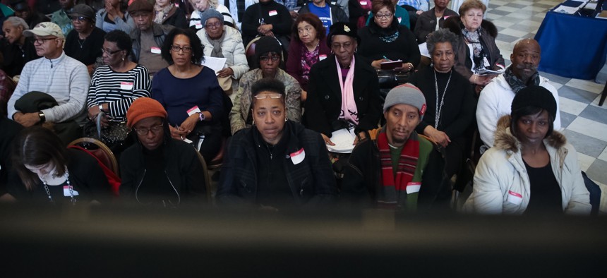 Residents attending a 2016 hearing on Mitchell-Lama housing in Brooklyn. 