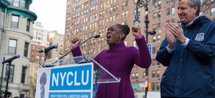 Chirlane McCray and Mayor Bill de Blasio during the Women's March in 2018.
