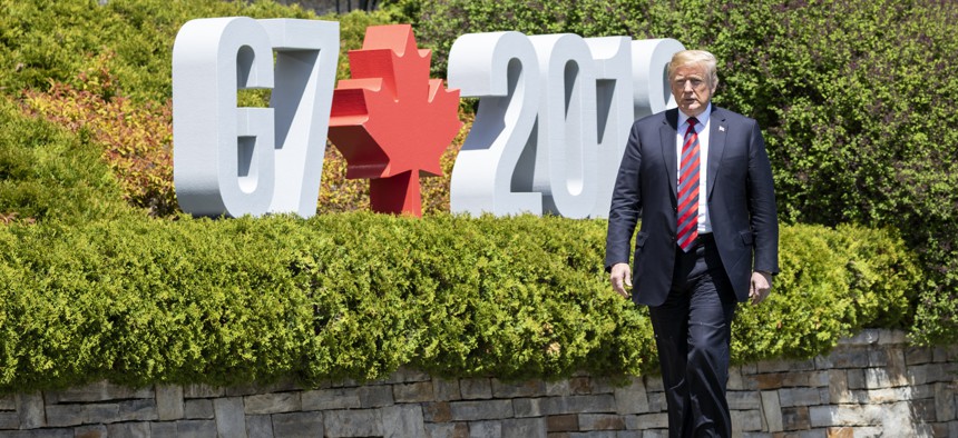 President Donald Trump arrives at the G7 Summit on June 8 in Quebec.