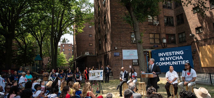 Mayor Bill de Blasio announcing a new community center to be built at the Marcy Houses in Brooklyn. 