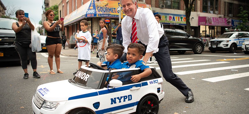 Mayor Bill de Blasio and Police Commissioner James O’Neill participate in National Night Out Against Crime, August 2018.
