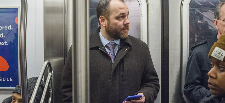 City Council Speaker Corey Johnson on the subway.