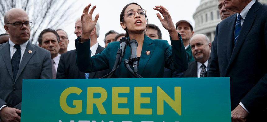 Rep. Alexandria Ocasio-Cortez delivers remarks on the 'Green New Deal' resolution during a press conference on Capitol Hill in February.