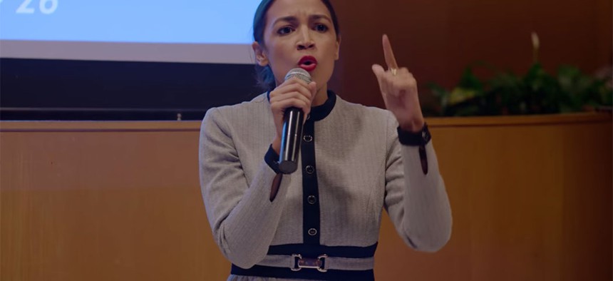 Rep. Alexandria Ocasio-Cortez giving a passionate speech in "Knock Down the House."