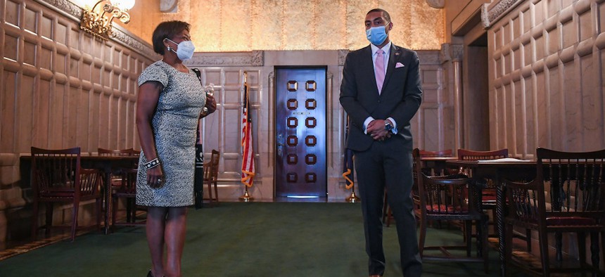 NYS Senate Majority Leader Andrea Stewart-Cousins and NYS Senator Jamaal Bailey discuss legislation outside the NYS Senate chamber. 