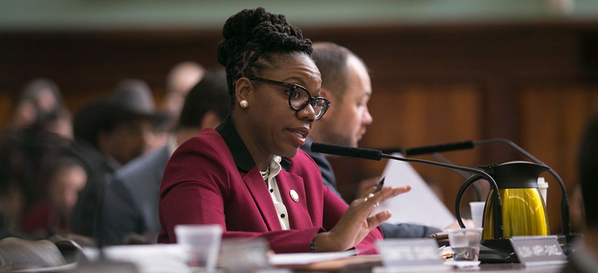 New York City Council Public Housing Chair Alicka Ampry-Samuel questioning New York City Housing Authority Chair Shola Olatoye in 2018. 