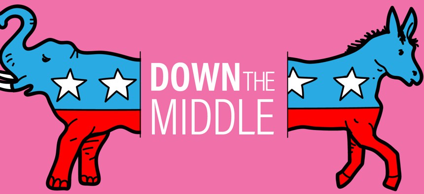 A donkey and an elephant split by the words "down the middle"