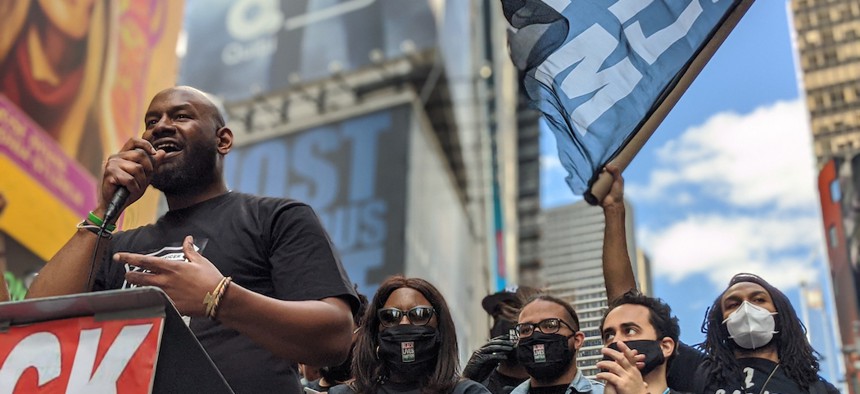Chairperson at Black Lives Matter New York Hawk Newsome at a protest at Times Square on June 7, 2020.