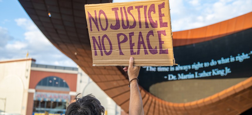 A protestors sign at the Barclays Center in Brooklyn on June 7, 2020.