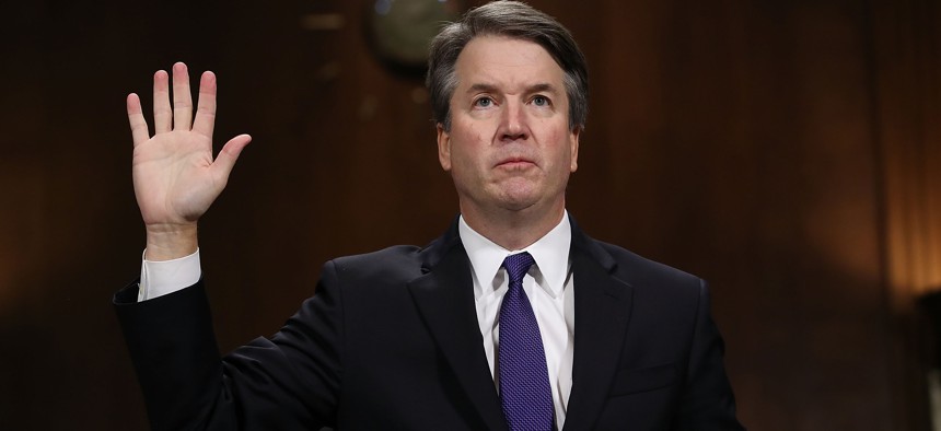 Judge Brett Kavanaugh is sworn in before testifying to the Senate Judiciary Committee