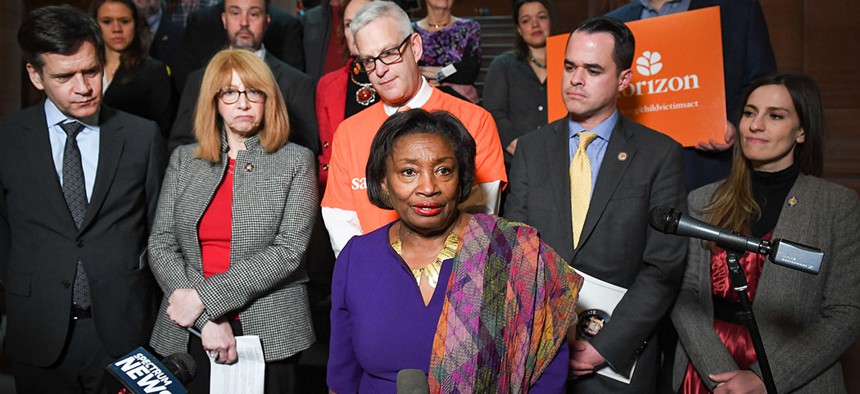 State Senate Majority Leader Andrea Stewart-Cousins speaks at a press conference to mark the one year anniversary of the passage of the Child Victims Act on Jan. 28. 