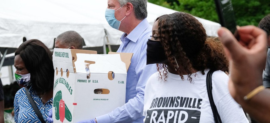 Mayor Bill de Blasio delivers remarks at the Christian Cultural Center’s PPE and food distribution.