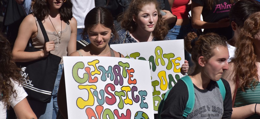 Kids participating in New York City's Climate Strike march in Manhattan's Financial District.