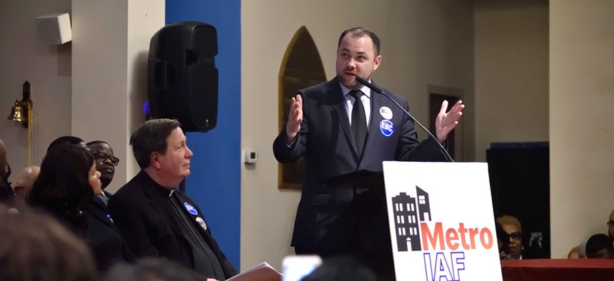 Speaker Corey Johnson speaking at the Affordable Housing Assembly in Brownsville. 