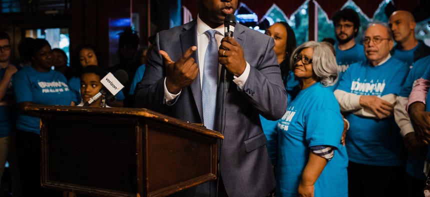 Jamaal Bowman, Eliot Engel's opponent, during his campaign  launch.