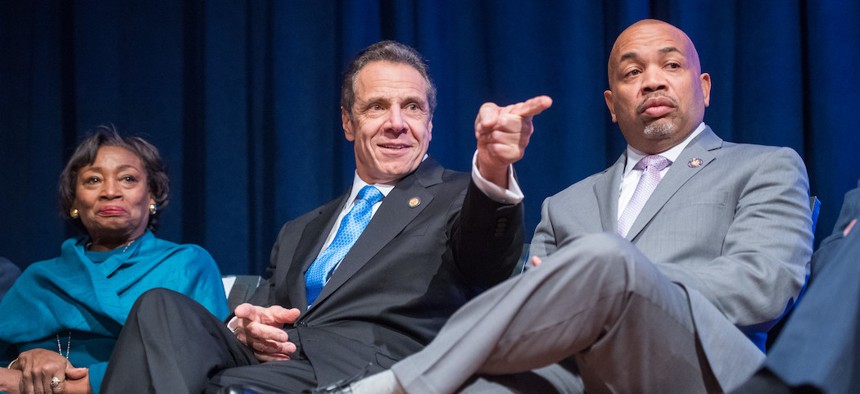 Majority Leader Andrea Stewart-Cousins, Governor Andrew Cuomo, and Assembly Speaker Carl Heastie during the 2020 State of the State.