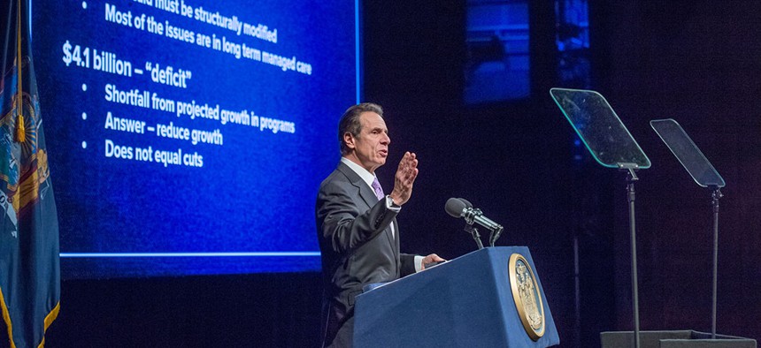 Governor Cuomo introducing the 2021 fiscal year budget in Albany.