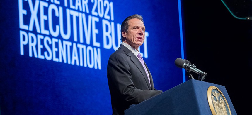 Governor Cuomo in Albany on Tuesday presenting the 2021 fiscal year budget.