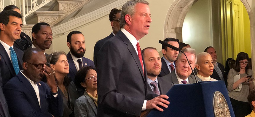 New York City Mayor Bill de Blasio announces the completion of the city's 2020 budget on Friday afternoon.