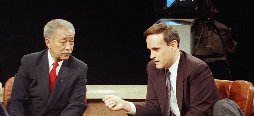 David Dinkins and Rudolph Giuliani at the Mayoral debate in November 1989.