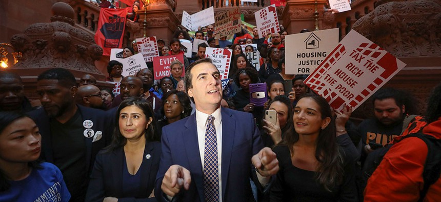 New York State Senate Deputy Majority Leader Michael Gianaris joined by Senator Ramos and Senator Salazar.