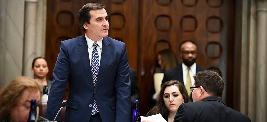 Deputy Majority Leader Senator Michael Gianaris oversees the Senate Chamber floor during multiple voting bills brought before the Senate.