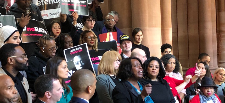 Assemblywoman Latrice Walker of Brooklyn speaks at a Feb. 12 rally in the state Capitol where lawmakers and activists criticized a proposal by Senate Democrats to change recently-enacted criminal justice reforms.