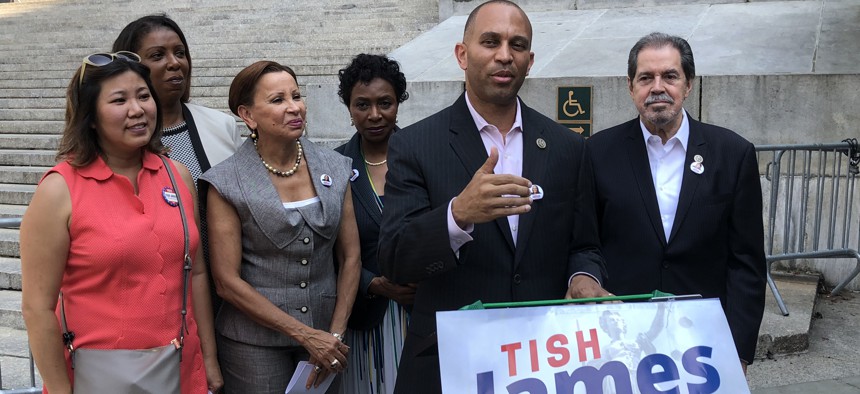 Rep. Hakeem Jeffries speaks at a press conference of New York City's congressional delegation in support of Letitia James for attorney general on Wednesday.