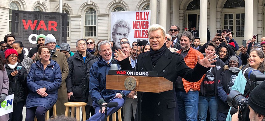 Billy Idol at a press conference with Mayor Bill de Blasio announcing a war on idling.