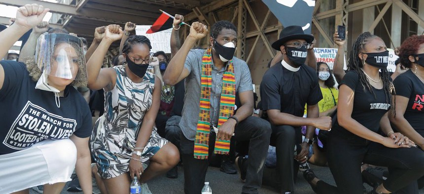 New York City Public Advocate Jumaane Williams leads protesters on a march across the Brooklyn Bridge on June 9, 2020.