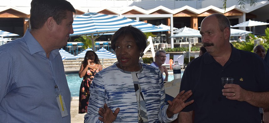 From left to right: Gerard Fitzgerald, president of the Uniformed Firefighters Association of Greater New York, State Senate Majority Leader Andrea Stewart-Cousins, Fire Officers Association President James Lemonda.