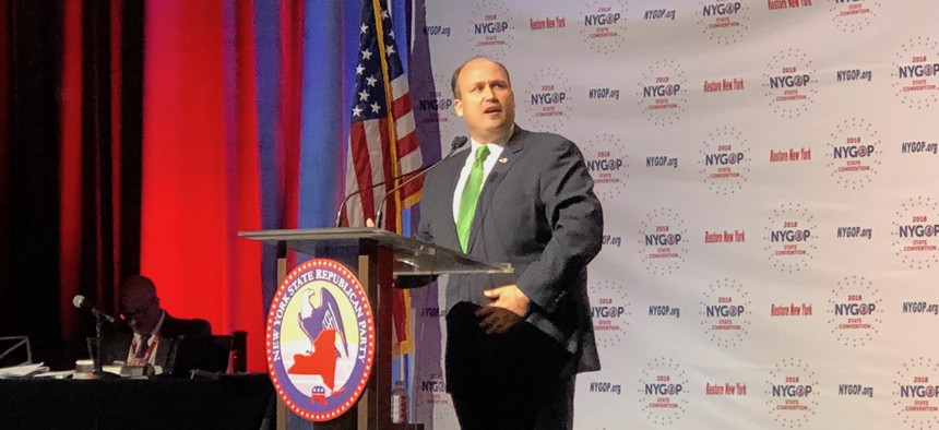 State GOP Chairman Nick Langworthy speaks at the state Republican convention on Wednesday.
