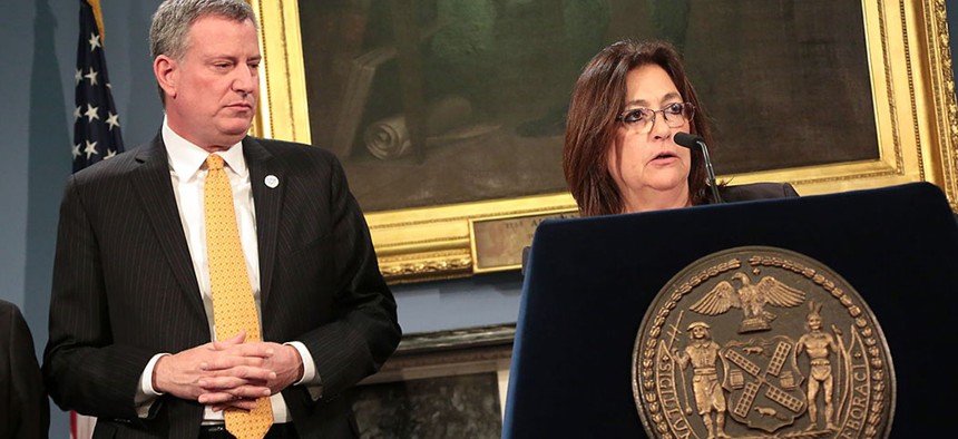 New York City Mayor Bill de Blasio announcing the appointment of Lorraine Grillo as President of School Construction Authority in 2014.