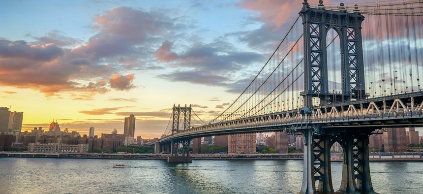 The Manhattan Bridge at sunset.