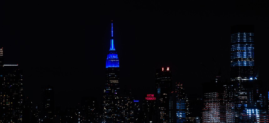 The Empire State Building lit up blue for MTA workers on Wednesday, April 19th.