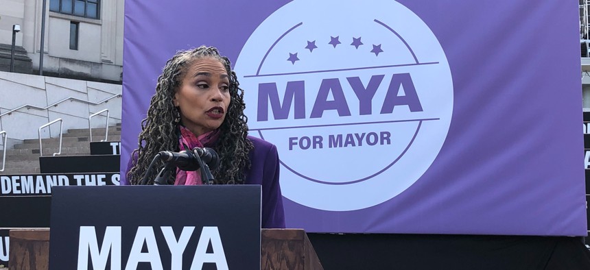 Maya Wiley at her mayoral campaign announcement today. 