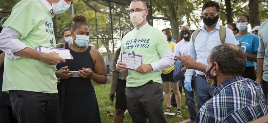 Mayor Bill de Blasio, Executive Director of the Test & Trace Corps Dr. Ted Long, and Chief Equity Officer of the Test & Trace Corps Annabel Palma in Sunset Park, Brooklyn.