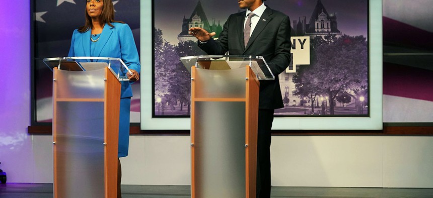 Debate between attorney general candidates Letitia James and Keith Wofford at NY 1 Studio, NYC.