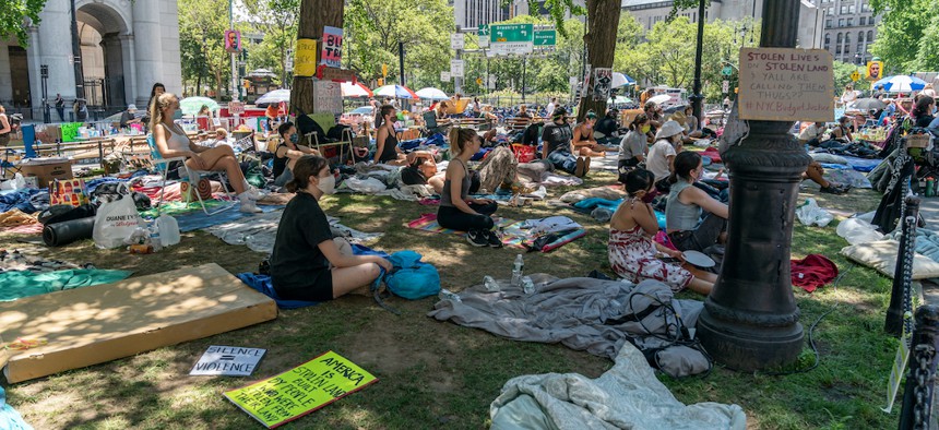 Protestors occupy City Hall demanding Mayor de Blasio slash the NYPD's budget for the third day on June 25th.