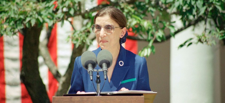 Justice Ruth Bader Ginsburg at the White House in 1993 on the day President Clinton announced she was his Supreme Court nominee.