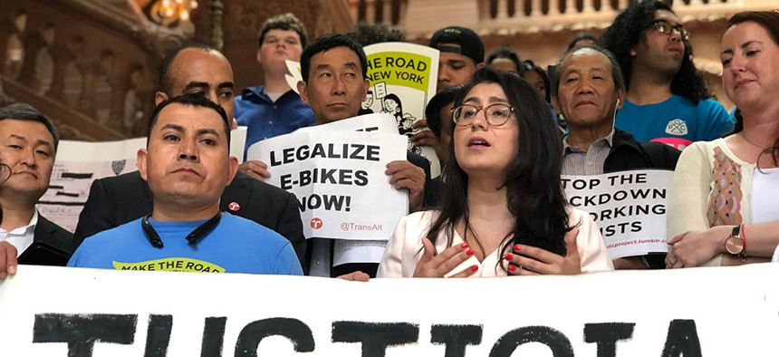 State Sen. Jessica Ramos at a rally advocating for the legalization of e-bike usage in Albany.