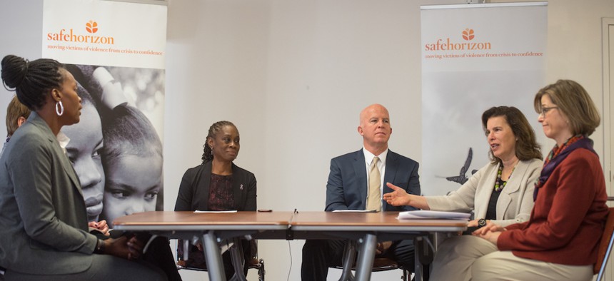 First Lady Chirlane McGray meets with then-New York City Police Department Commissioner James O'Neill and then-Deputy Commissioner of Collaborative Policing in the NYPD Susan Herman at Safe Horizon, discussing how to help victims of crime and violence hea
