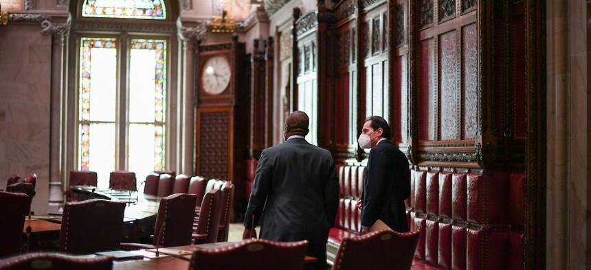 NYS Senator Brian Benjamin (l) speaks with NYS Senator Todd Kaminsky on July 21st.