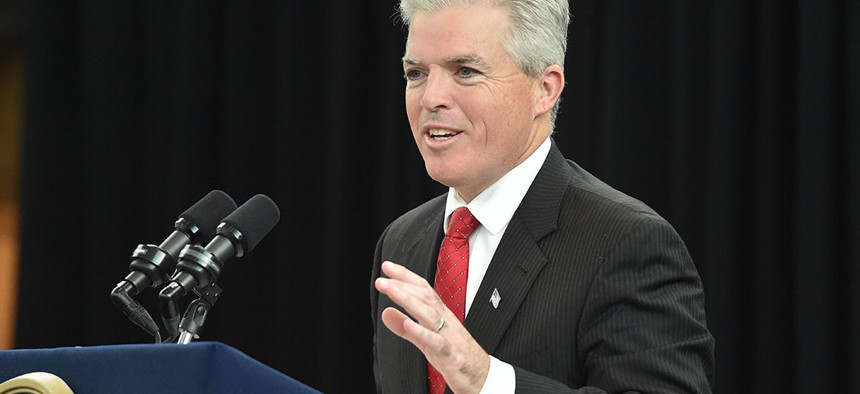 Suffolk County Executive Steve Bellone speaks before Governor Andrew M. Cuomo signs a bill into law banning single use plastic shopping bags in New York State at a ceremony held on Earth Day.