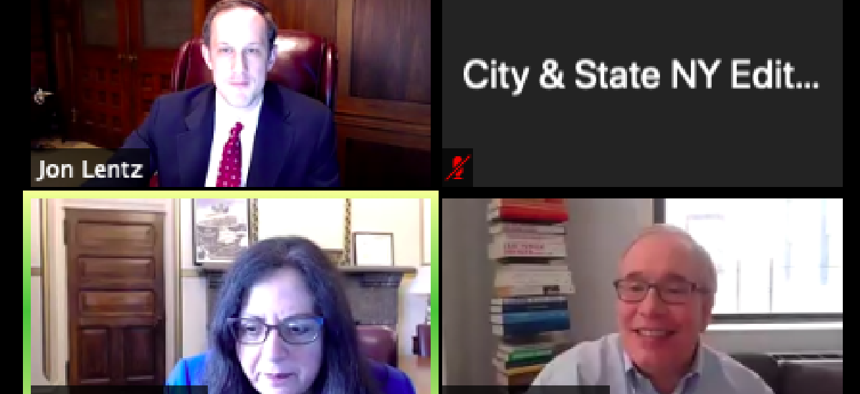 Scott Stringer, Linda Lacewell, and City & State Editor and Chief Jon Lentz during a webinar on Thursday.