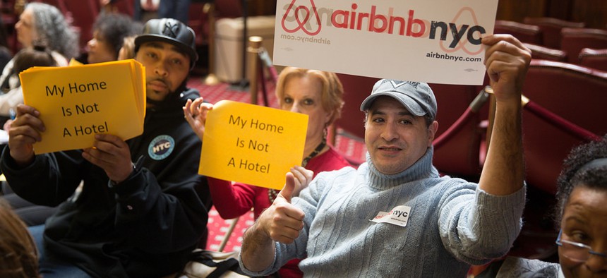 Airbnb supporters and detractors at a City Council hearing in 2015.