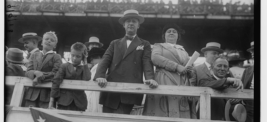 Former governor and 1913 state Assembly Speaker Alfred Emanuel "Al" Smith, with his wife Catherine and children, at Sheepshead Bay Speedway in August of 1918.