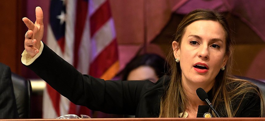 New York Sen. Alessandra Biaggi presides over a public hearing on sexual harassment in the workplace,